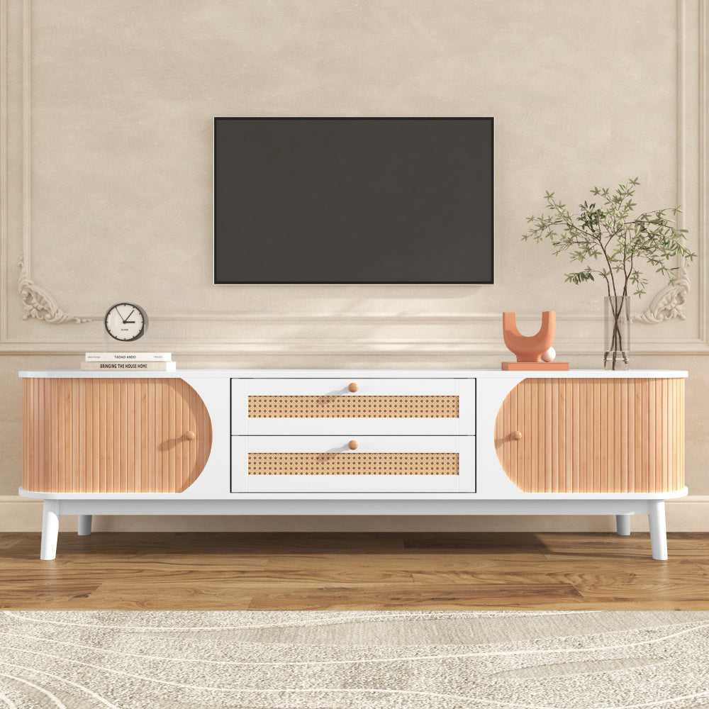 Tv-meubel – TV Kast – Televisiedressoir – Media Meubel – TV Meubel Wit – Landelijke Stijl – Rattan Detail – Veel Opbergruimte