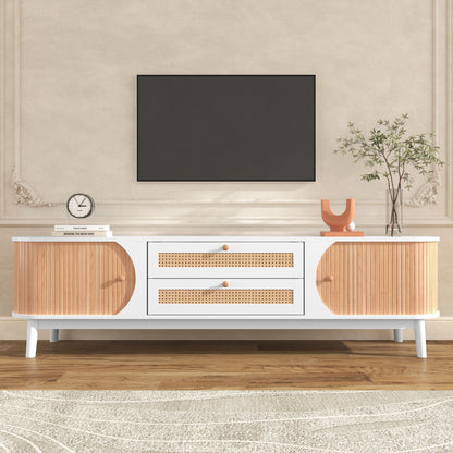 Tv-meubel – TV Kast – Televisiedressoir – Media Meubel – TV Meubel Wit – Landelijke Stijl – Rattan Detail – Veel Opbergruimte