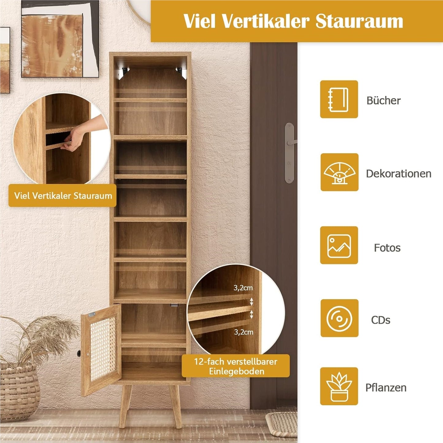 Hoge Kast – Opbergkast – Boekenkast – Kolomkast – Smalle Kast – Rattan Deur – Verstelbare Planken – Massief Hout Oak