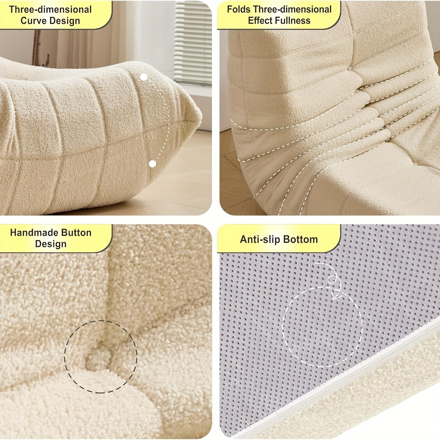 Loungestoel – Zitzakstoel – Armloze Fauteuil – Accentstoel – Voetenbank – Ergonomisch Design – Zachte Sherpa Stof – Off-white Zonder Voetenbank