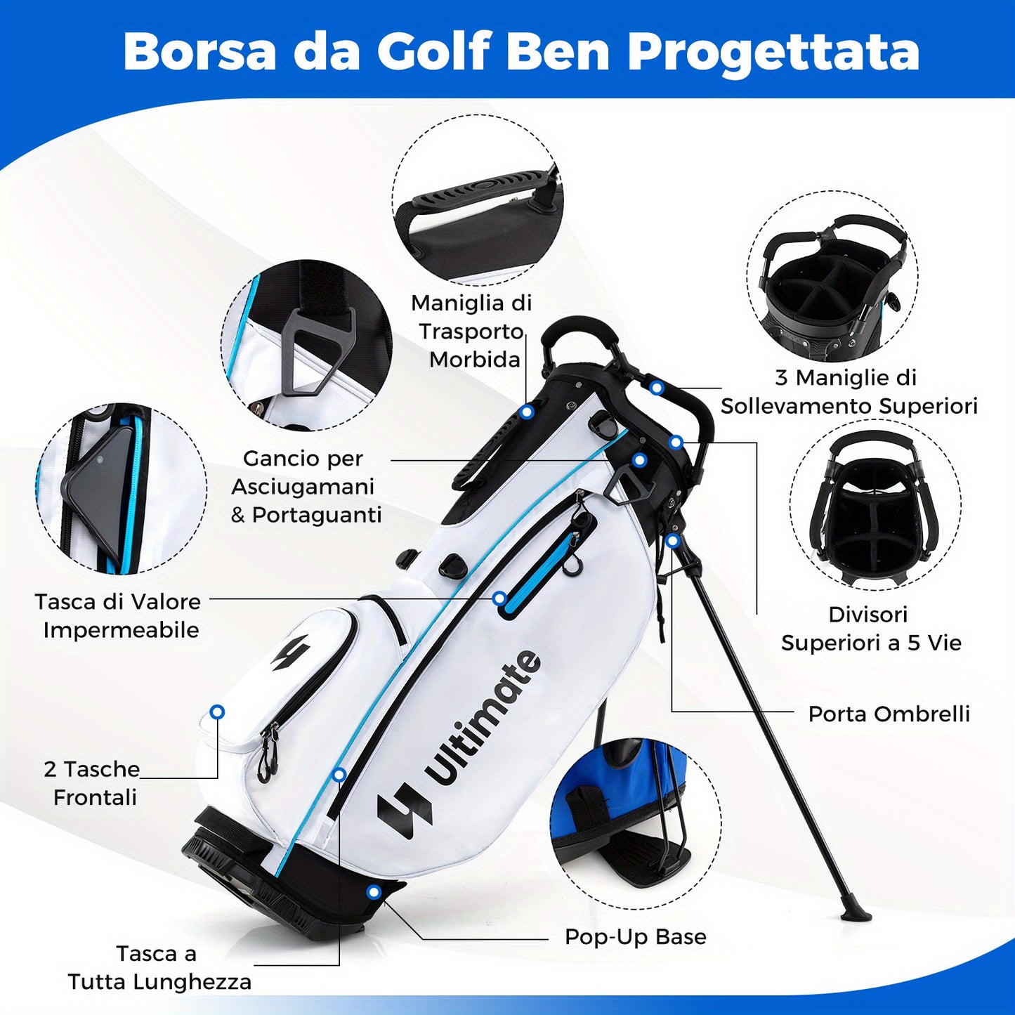 Complete Heren Golfset – Golfclubs Set – Golf Bag – Driver Fairway Hybrid – Irons Set – Lichtgewicht Stand Bag – Vergevingsgezinde Clubhoofden – Witte Variant