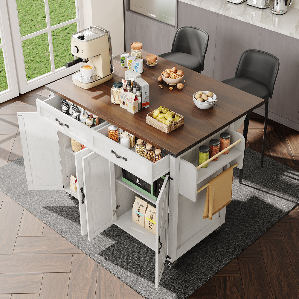 Mobile Kitchen Island Cart with Pull-Out Worktop, 4 Doors & 2 Drawers - Heavy-Duty Metal Frame White/Black Rolling Cabinet on Casters, Space-Saving Mobile Storage Trolley for Small Kitchens, Easy Assembly (No Wood)