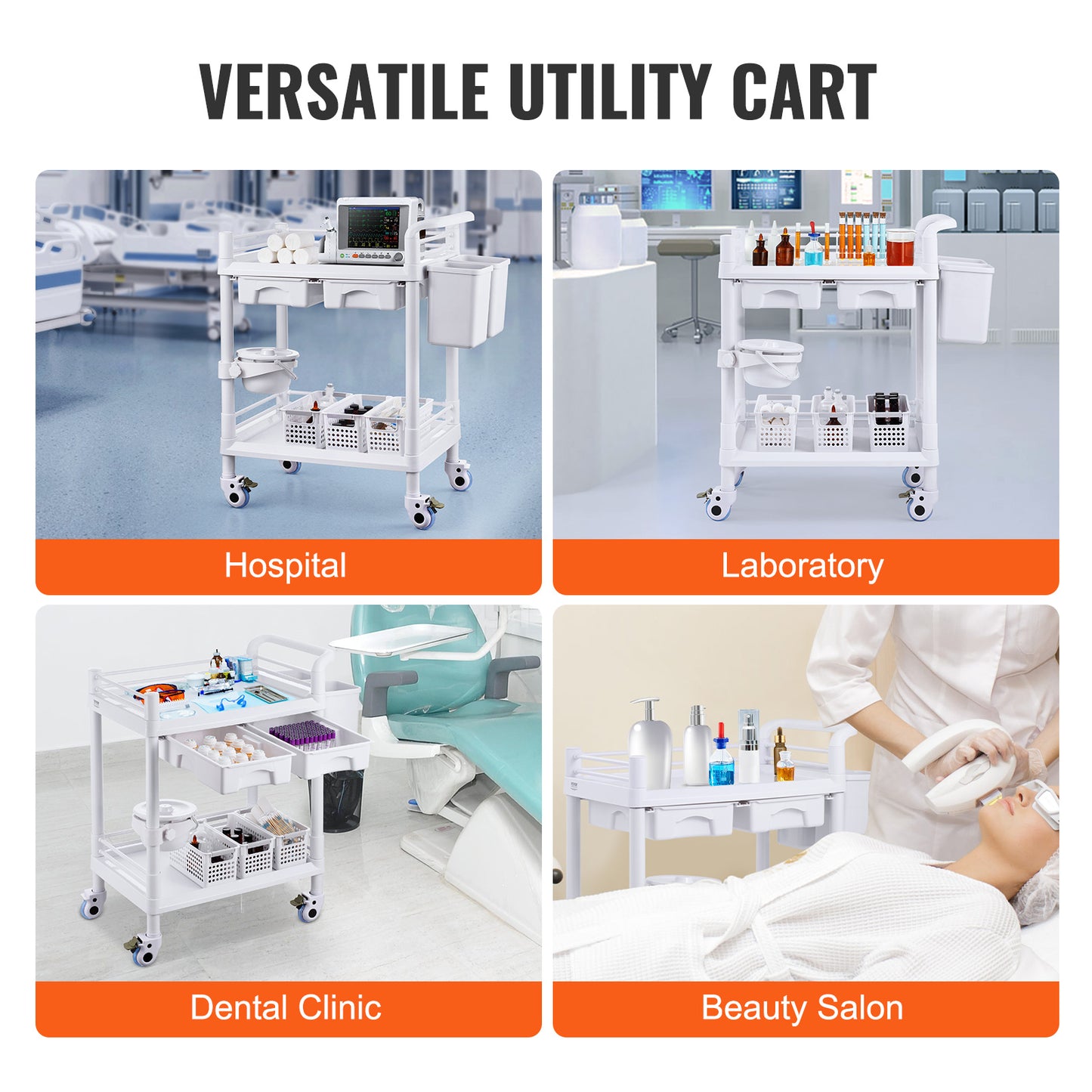 Medische Kar – Laboratoriumwagen – Mobiele Trolley – Rolwagen – Opbergwagen – 2 Etages & 2 Lades – 3 Afvalbakken Wit