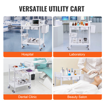 Medische Kar – Laboratoriumwagen – Mobiele Trolley – Rolwagen – Opbergwagen – 2 Etages & 2 Lades – 3 Afvalbakken Wit