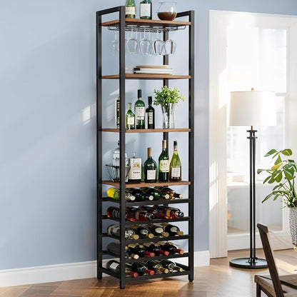 Wijnrek – Flessenrek – Wijnhouder – Wandrek – Organizer – 9-Laags Bruin Metaal – Inclusief Glazenhouder & Opbergruimte – Voor 20 Flessen – Industrieel Design – 45x35x180 cm