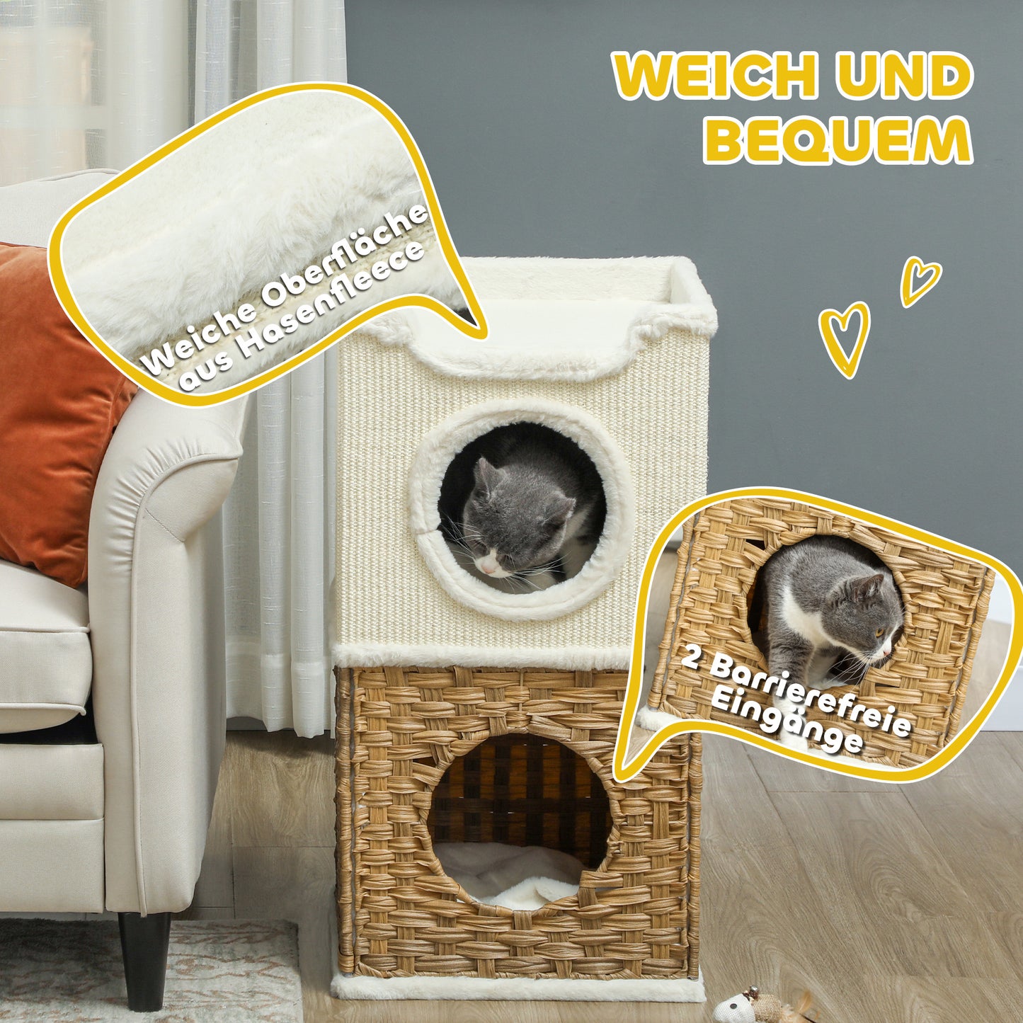 Krabpaal – Kattenboom – Kattenkrabpaal – Krabmeubel – Kattenhuis – 75,5 cm Hoog – Pluche Bekleding met Kattenhol