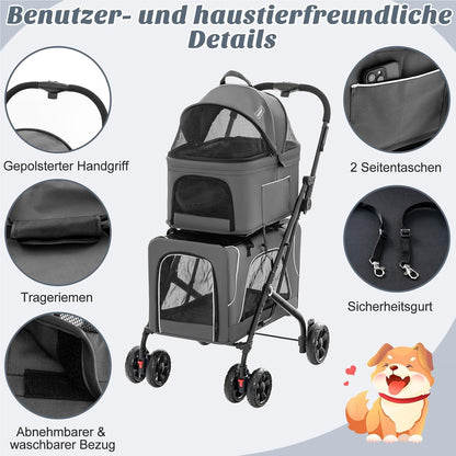 Hondenbuggy – Dierenwagen – Huisdierenwagen – Wandelwagen – Transportbox – 3-in-1 met Ventilerende Gaasramen – Inklapbaar Tot 16 kg