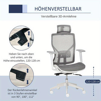 Ergonomische Bureaustoel – Kantoostoel – Werkstoel – Gamestoel – Computestoel – Verstelbare Lendesteun en Hoofdsteun – Ademend Mesh Met Metaal Frame