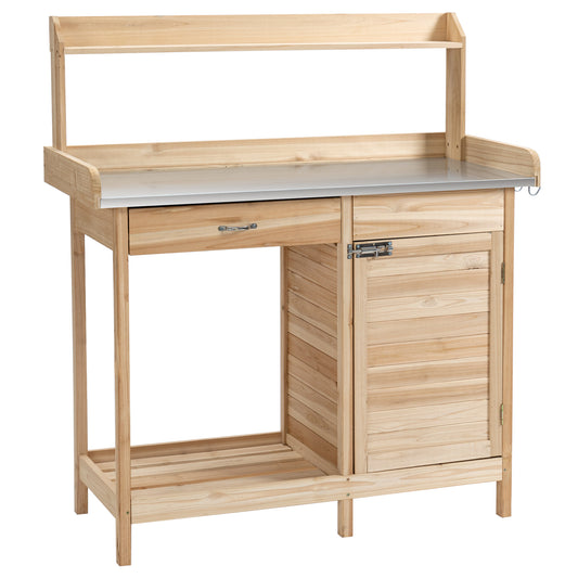 Tuinwerktafel – Tuinbankje – Werkbank – Plantentafel – Vurenhouten Tuinmeubel – Verzinkt Stalen Werkblad Met Rand – Opbergruimte Met Lade En Kastje