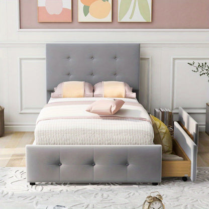 Eenpersoonsbed – Bed – Jongerenbed – Logeerbed – Slaapbed – Verstelbaar Hoofdbord – Zachte Velvet Stof – 90x200 cm – Met Opberglades – Grijs