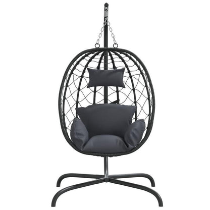 Hangstoel – Schommelstoel – Tuinstoel – Balkonstoel – Garden Swing – Modern Eivormig Design Anthraciet – Stevig Zwart Metalen Frame – Comfortabel Weerbestendig Kussen