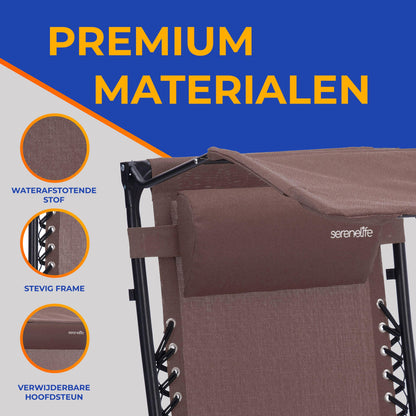 Lounge Stoel – Tuinstoel – Ligstoel – Relaxstoel – Verstelbare Stoel – Ingebouwd Zonnescherm – Afneembare Zijtafel met 2 Cupholders