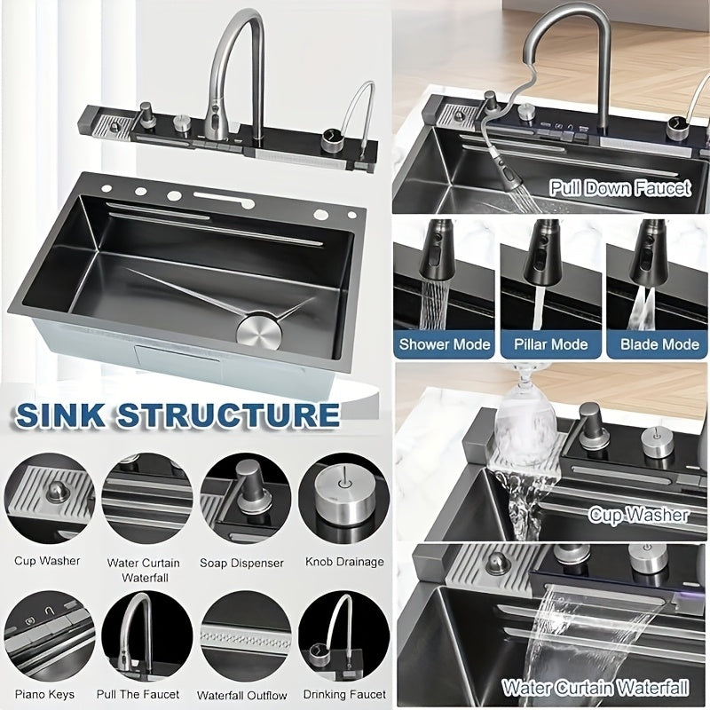 Spoelbak – Keukenspoelbak – RVS Spoelbak – Eén Kom Spoelbak – Rechthoekige Spoelbak – Gunmetal Grey – Roestvrij Staal – Honeycomb Nano Coating – Inclusief Chroomkleurige Kraan en Accessoires