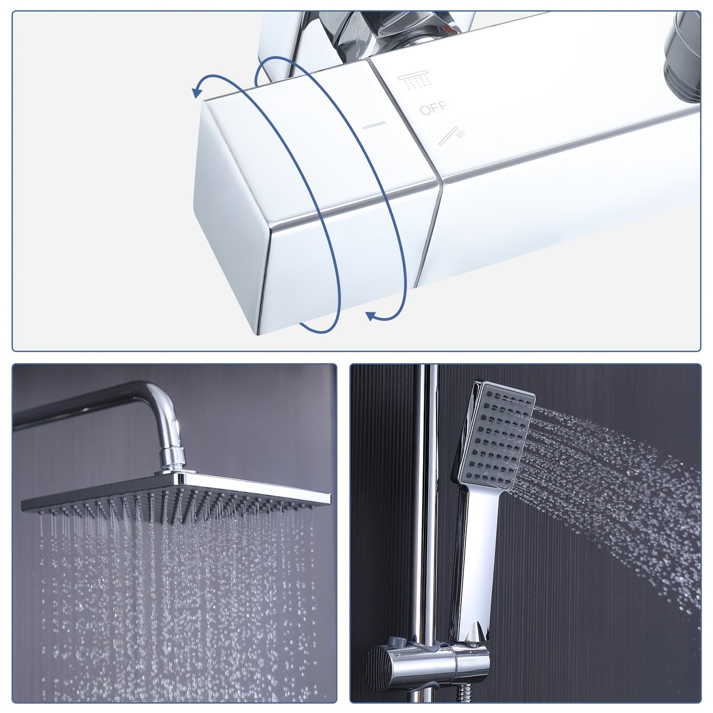 1 Set Modern Thermostatic Shower System with Rain Shower Head & Handheld Attachment - Stainless Steel & Chrome Plated, Wall-Mounted Outdoor/ Shower Set, 2-in-1 Water Modes (Rainfall & Spray), Temperature Control for Bathroom/