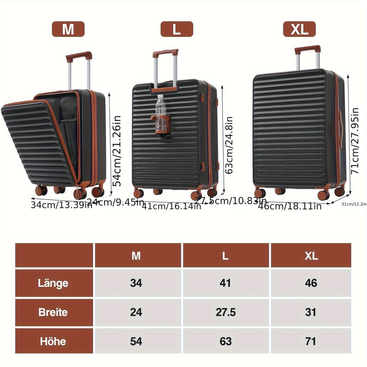Kofferset – Reiskoffer Set – Trolley – Bagage – Ruimbagage – Innovatief Voorvak Met Rits – Opvouwbare Bekerhouder – Lichtgewicht ABS – 360° Wielen