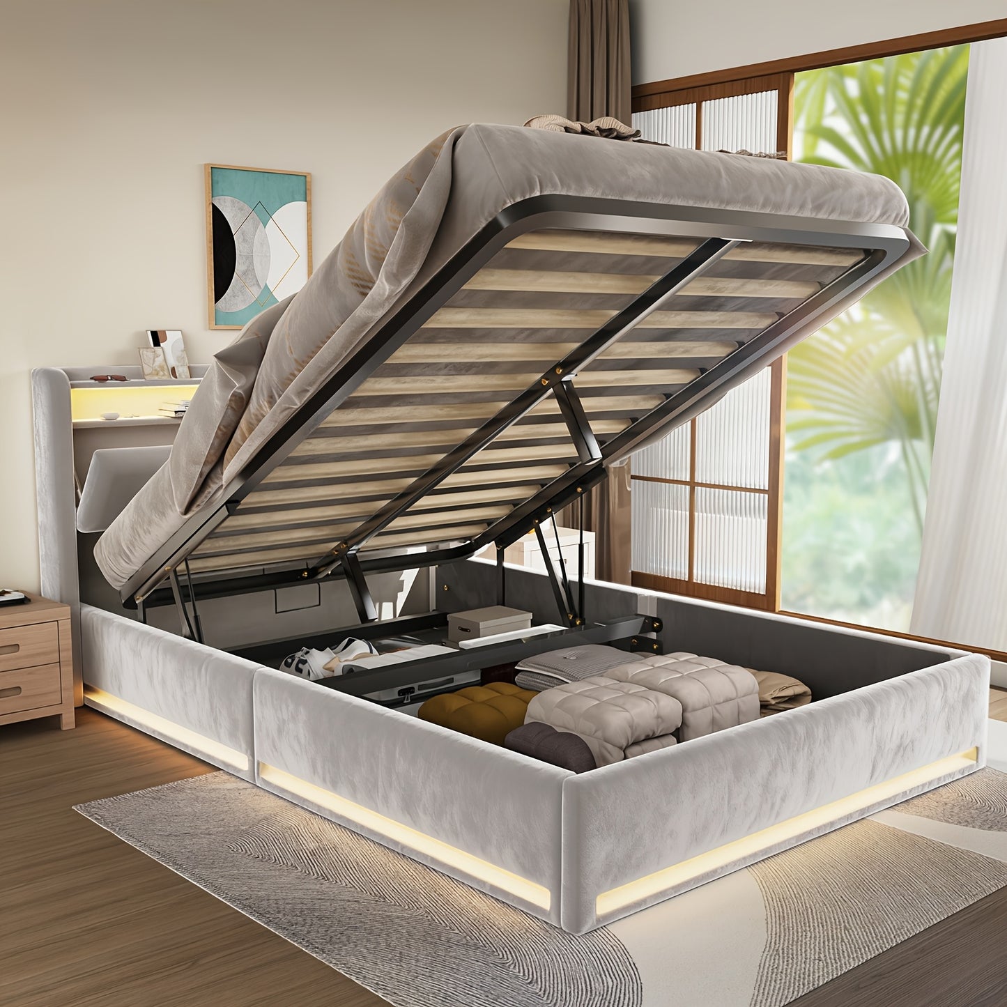Liftbed – Opbergbed – Hydraulisch Bed – Bedframe Met Opbergruimte – Slaapbed 140x200 cm – Hydraulische Lift – RGB LED Hoofdbord