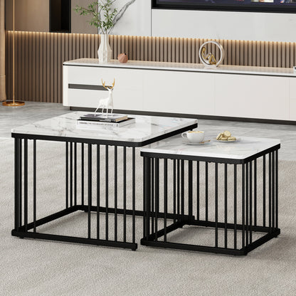 Salontafelset – Woonkamertafel – Bijzettafel – Tafeltje – Salontafels – Wit Marmerlook – Hoogglans MDF – Verstelbare Pootjes – Draagvermogen 30 kg