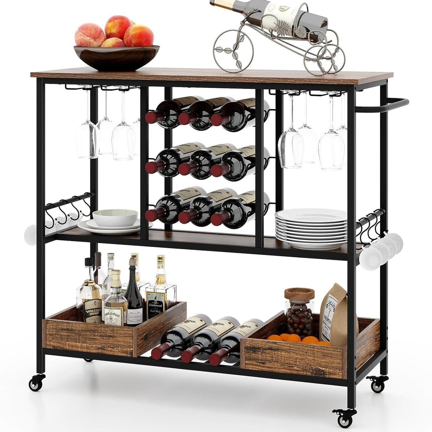 Serveerwagen – Barwagen – Trolley – Wijnkar – Serveerkar – 3-laags Ontwerp – Robuust Hout & Metaal – 8 Wijnglazen & 9 Flessenhouder – 4 Wielen Met Remmen – Rustiek Bruin