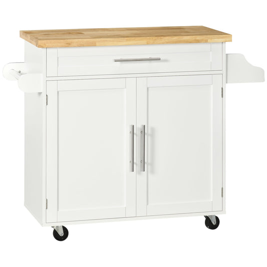 Keukentrolley – Keukenkar – Serveerwagen – Opbergwagen – Keukenrek – Verstelbare Plank – Waterafstotend Rubber Werkblad – Mobiel Met Wieltjes – Wit – 109x40x89 cm