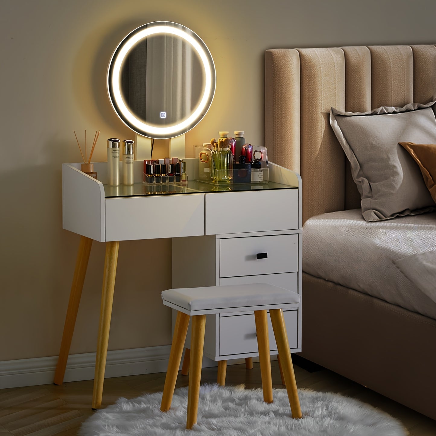 Make-uptafel – Dressing Table – Make-up Bureau – Schminktisch – Vanity Desk – Gehard Glas Blad – Ruime Opberglade – Gevoerde Kruk – Compact Design