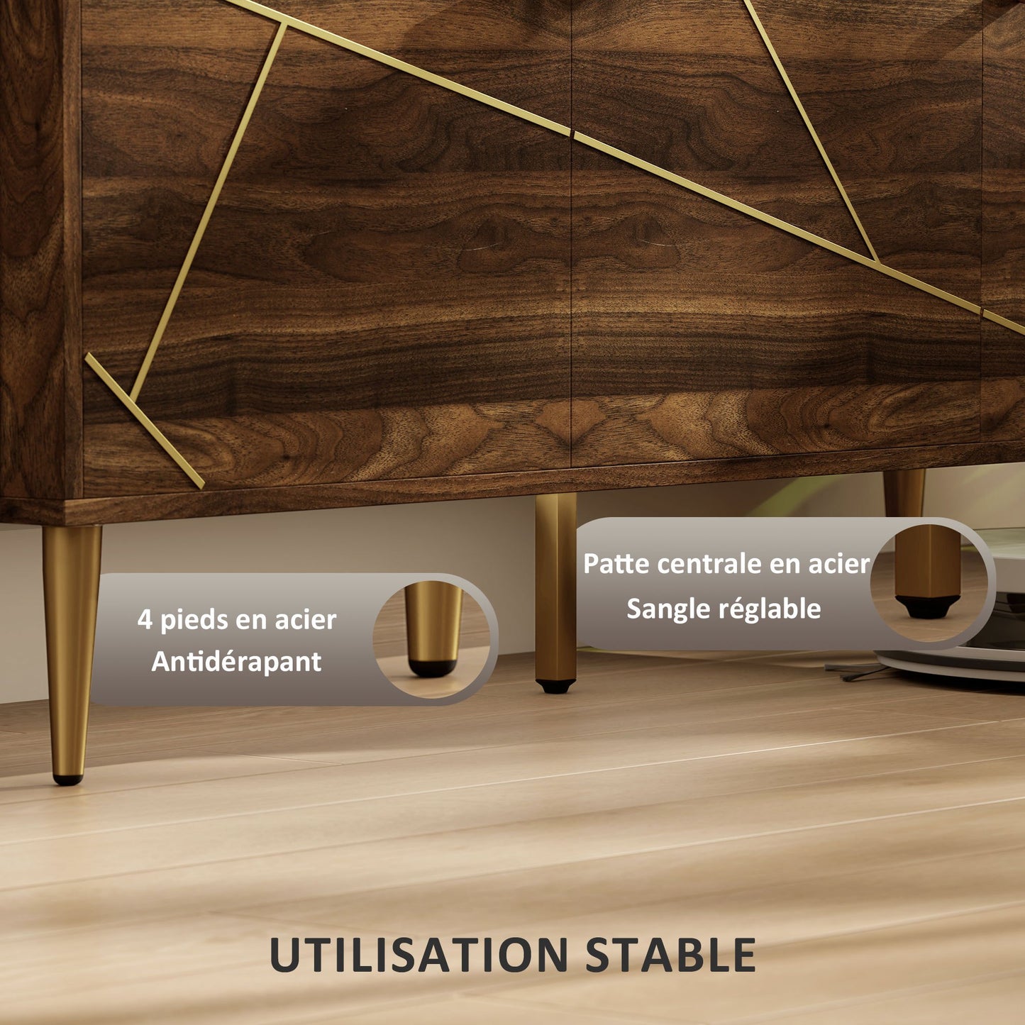 TV-Meubel – TV-Kast – Televisiekast – Mediameubel – TV-Standaard – Geschikt voor televisies tot 60 inch – Verstelbare planken met kabelbeheer – Modern bruin hout met goudkleurige stalen poten