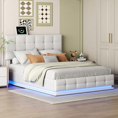 Boxspringbed – Boxspring – Bed – Tweepersoonsbed – Gestoffeerd Bed – LED-verlichting – Opbergruimte 32,5 cm – PU Leder