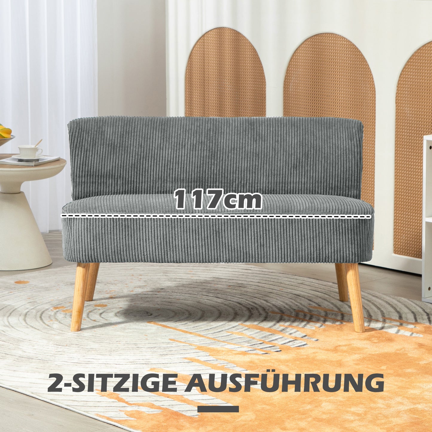 2-zits bank – tweepersoons sofa – loveseat – loveseatbank – zitbank – fluwelen polyester bekleding – stevig houten frame – 117x56,5x77 cm – grijs