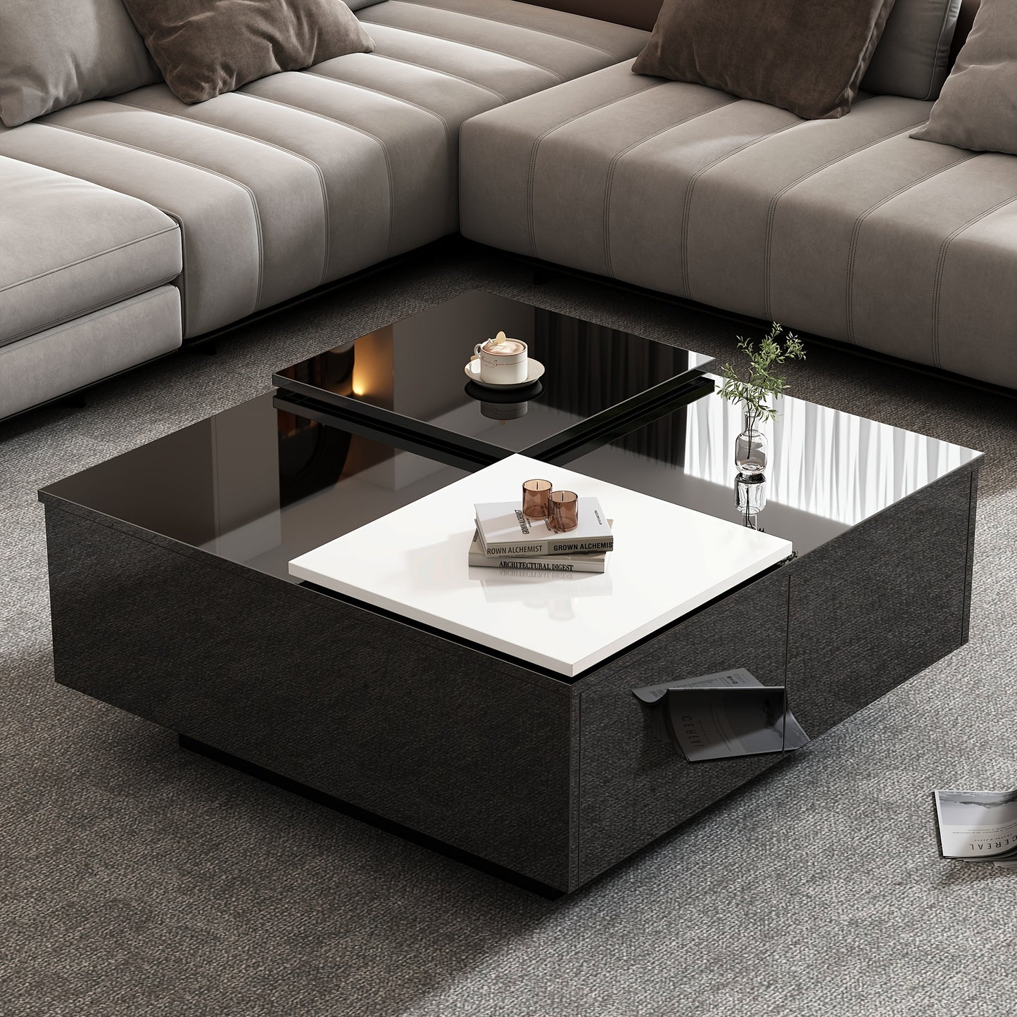 Salontafel – Koffietafel – Tafel – Bijzettafel – Opbergtafel – Zwart Hoogglans Met Wit Uitschuifbaar Blad – Duurzaam Hardhout – Compact Ontwerp Voor Kleine Ruimtes