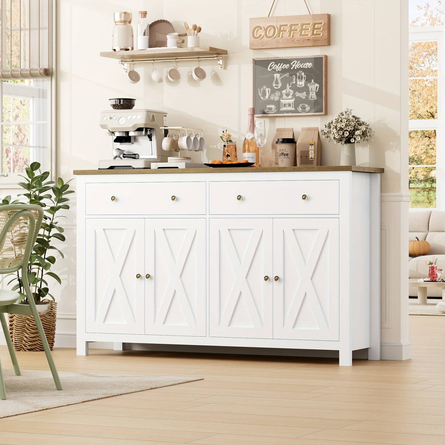 Buffetkast – Opbergkast – Keukenkast – Dressoir – Ladekast – Wit & Hout – Verstelbare Planken – Stevige Houten Constructie