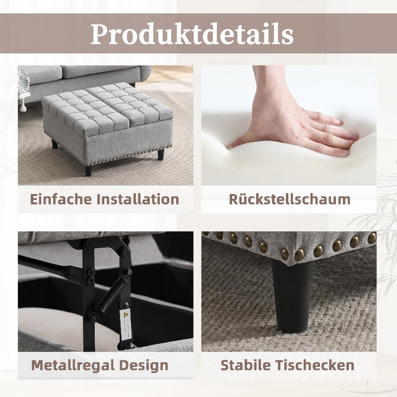 Opbergpoef Vierkant – Opbergkist – Hocker – Zitbankje – Voetenbank – Met Hefdeksel – Stevig Metalen Frame – Grijs Gepolsterd