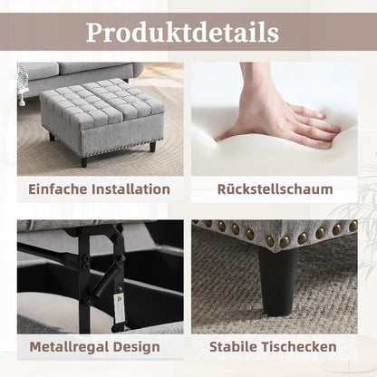Opbergpoef Vierkant – Opbergkist – Hocker – Zitbankje – Voetenbank – Met Hefdeksel – Stevig Metalen Frame – Grijs Gepolsterd