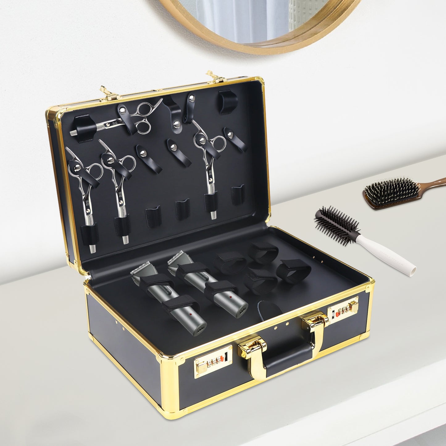 Professional Hairdressing Case | Golden Rectangular Design with Combination Lock, 20kg Weight Capacity, Ideal for Cosmetic Tools, Haircutting Equipment, Travel Makeup Storage - TOOL1SHOOO
