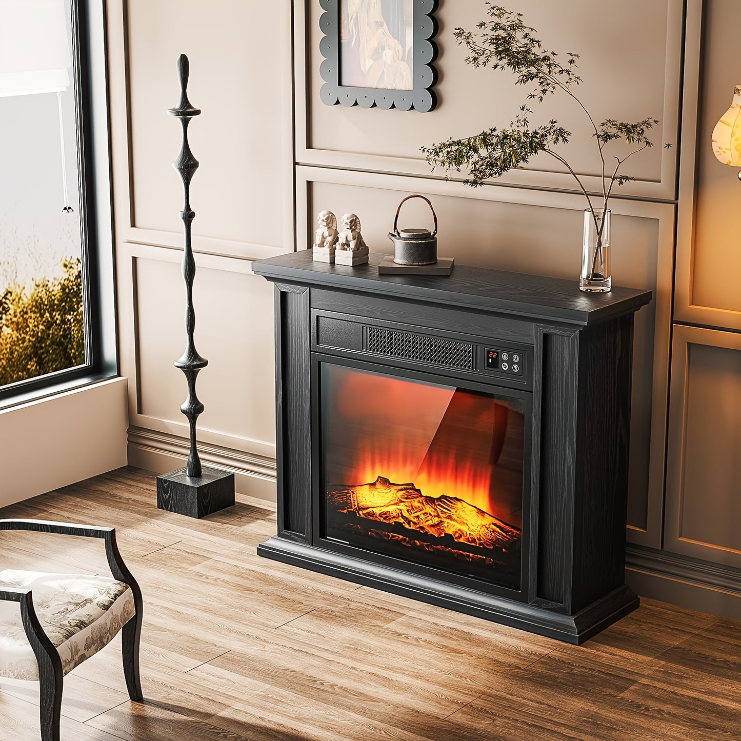 Elektrische Sfeerhaard – Elektrische Haard – Inbouwhaard – Vloerhaard – Sfeerverwarming – Realistisch Vlammenbeeld – Instelbare Warmte 1000-2000W – Afstandsbediening – Zwart
