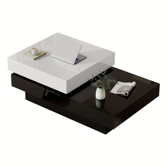 Modern Swivel Coffee Table with Black & White Patchwork Design - High-Gloss Finish, Double Center Table Made of Particle Board, Perfect for Apartment Living Rooms, Minimalist Furniture, Stylish Metal Accents, Easy Assembly