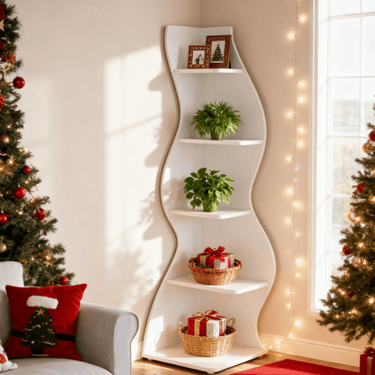 Modern White 5-Tier Corner Bookshelf & Plant Stand - Space-Saving Curved Shelf with Sturdy Hardwood Construction, Freestanding or Wall-Mounted Design, Easy Assembly, 68.58cm+ Height, Minimalist Accent Piece for Living Room, f