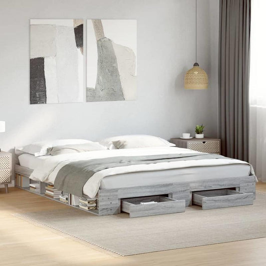 Bedframe King Size – Kingsize Bed – Tweepersoonsbed – Bedbank – Boxspringbed – Grigio Sonoma Kleur – Stevig Massief Hout – Eenvoudige Montage