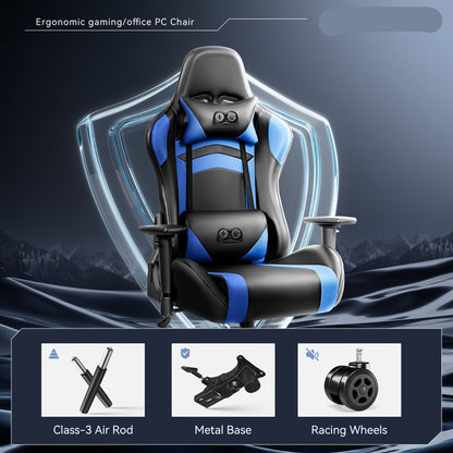 Gaming Stoel – Gaming Chair – Gamestoel – Bureaustoel – Racestoel – Ergonomisch Design – PU-Leder Bekleding – Verstelbare Rugleuning & 3D Armleuningen – Inclusief Lenden- en Nekkussen – Zwart Wit Variant