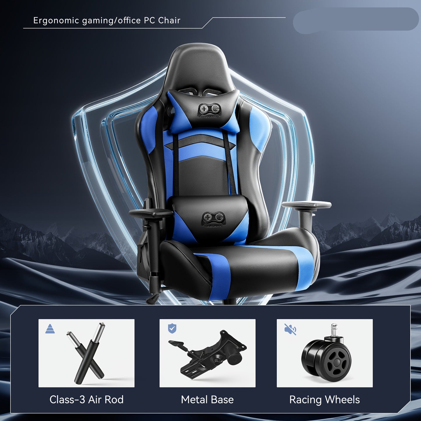 Gamingstoel – Game Stoel – Bureaustoel – Racestoel – Ergonomische Zitstoel – Verstelbare Rugleuning – 3D Armleuningen – Zwart Blauw