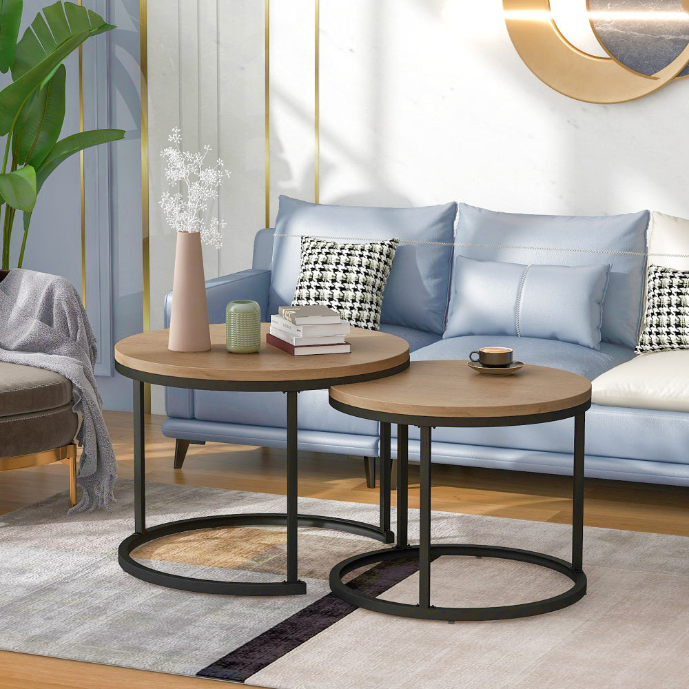 Salontafel – Bijzettafel – Koffietafel – Tafeltje – Woonkamertafel – Set van 2 – Nestbaar – MDF Blad – Metaal Frame – Rond – Bruin – Ruimtebesparend – Modern Design