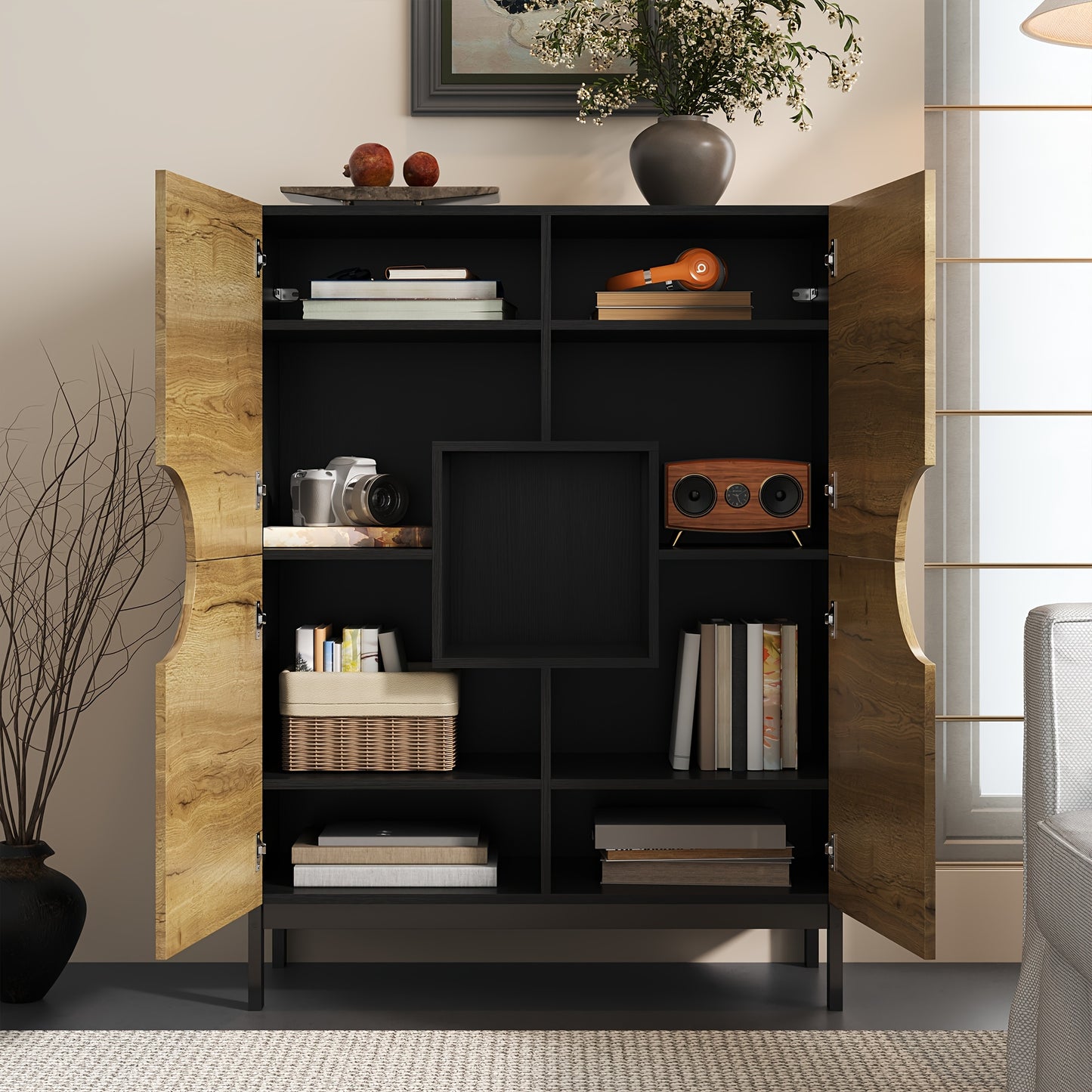 Modern Two-in-One Shoe Cabinet & Display Cabinet with Adjustable Shelves - Wide 40cm Metal Frame Entryway Storage Furniture, Spacious Large Shoe Organizer with Solid Wood-Like Legs, Contemporary Hallway Cabinet for Home/Offic