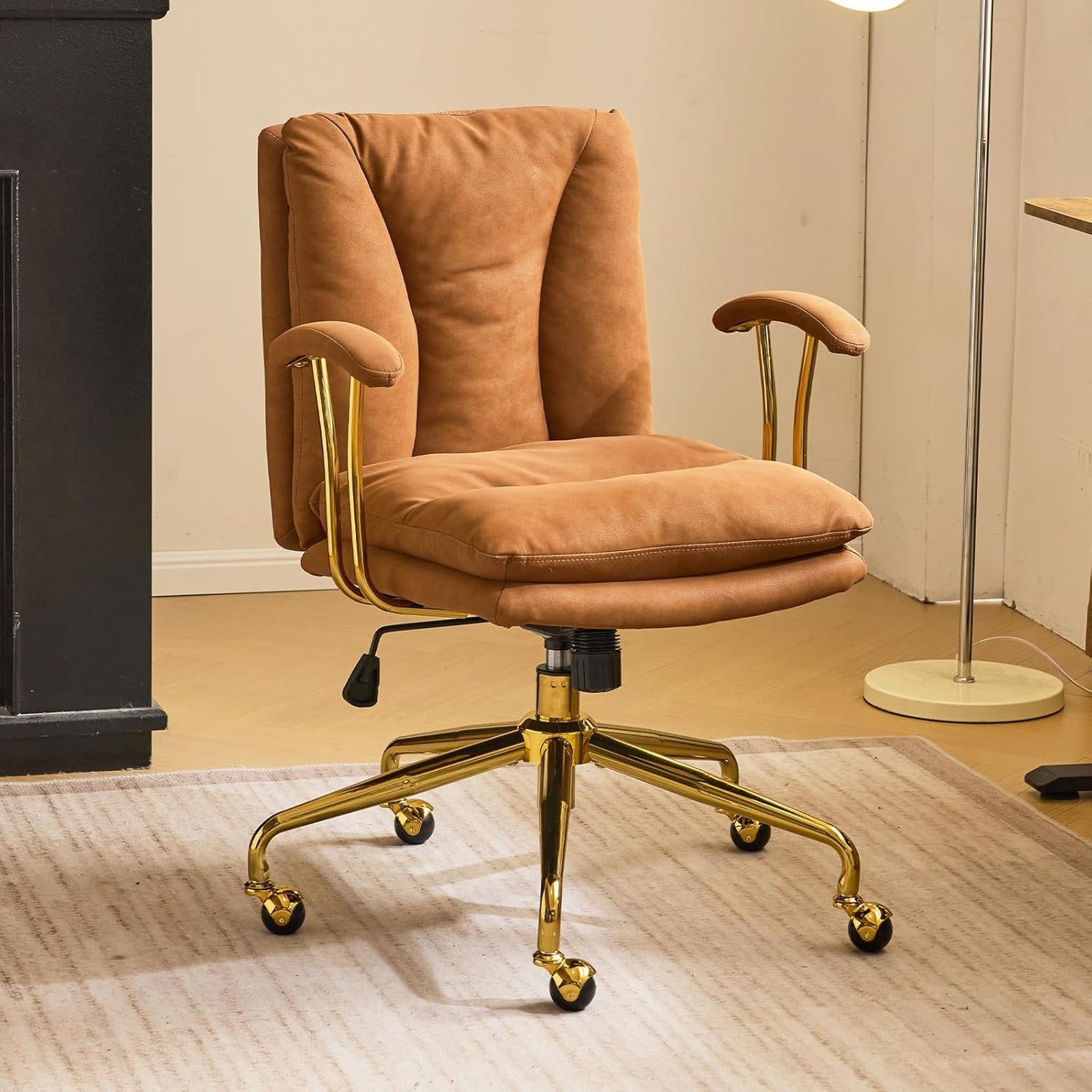 Bonnlo Ergonomic Office Chair with Adjustable Height - Heavy-Duty Leather-like Swivel Desk Chair, Golden Metal Base & Padded Backrest, White/Black Armrests, Manual Recline - Heavy-Duty Metal Frame for Home & Corporate Workspa