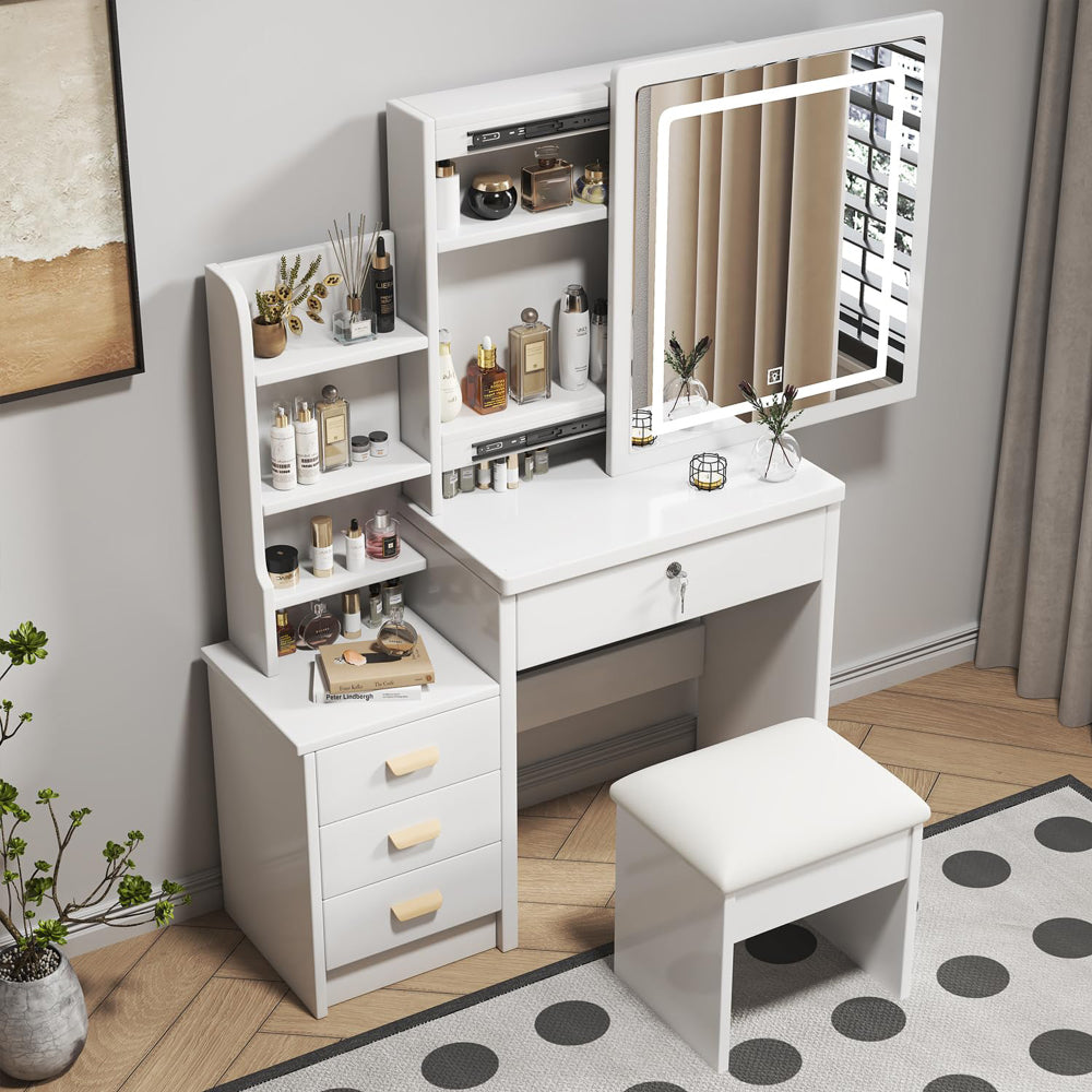 Make-up Tafel – Kaptafel – Schminktafel – Vanity Tafel – Make-up Bureau – Met Spiegel en Zacht Krukje – Metalen Frame – Wit – 85x130x36 cm