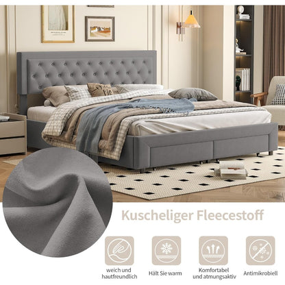 Tweepersoonsbed – Opbergbed – Ladebed – Bedkast – Slaapbank – Fluwelen Hoofdeinde – Gasdrukstang Lade – 160x200 cm Grijs