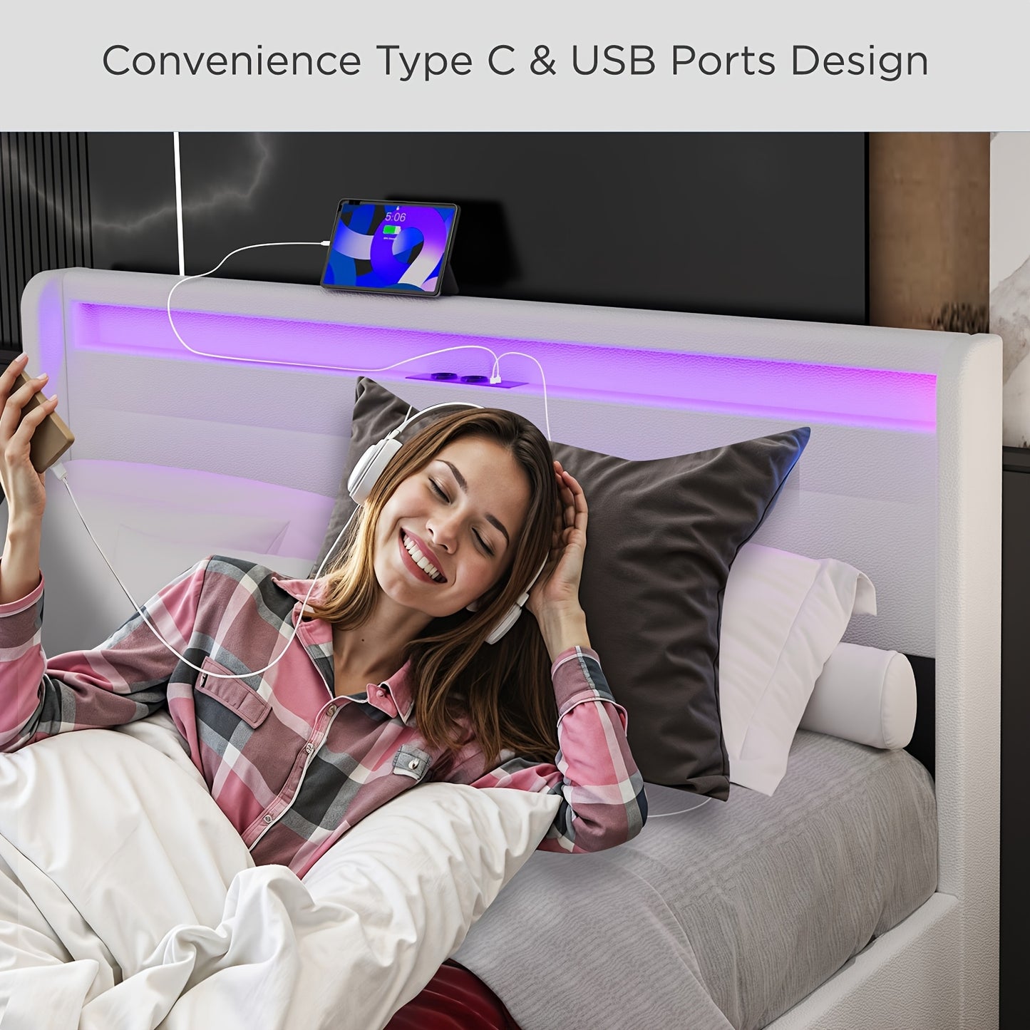 Bedframe – Tweepersoonsbed – Opbergbed – Gestoffeerd Bed – Led Bed – 140x200 cm – Met 4 Lades – USB RGB Verlichting