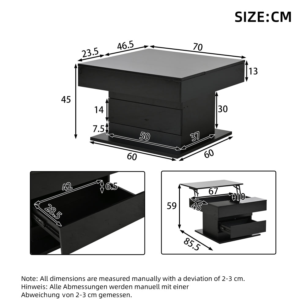 Geometric Coffee Table, 360° Rotating Top, Lift-Up Coffee Table with 1 Drawer, High-Gloss Living Room Table with Hidden Storage, Sofa Table, Side Table, Black