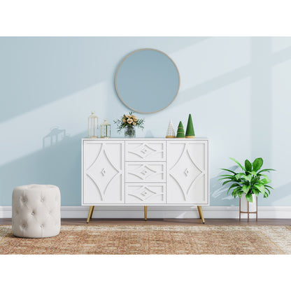 Dressoir – Ladekast – Opbergkast – Buffetkast – Wandkast – Wit Modern Design – Gouden Poten & Diamantpatroon – 120x40x80 cm – 3 Lades & 2 Deuren – Eenvoudige Montage