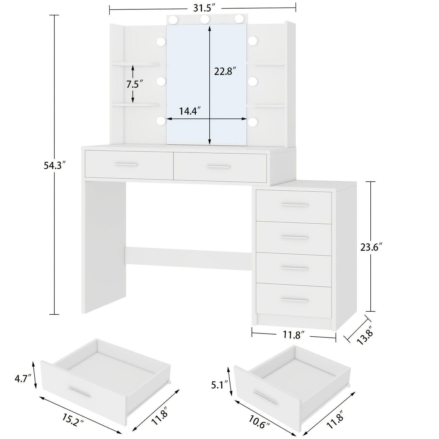 Toilettafel – Kaptafel – Make-up Tafel – Opmaaktafel – Dressoir – Wit – Verlichte Spiegel – 6 Laden en 4 Open Vakken