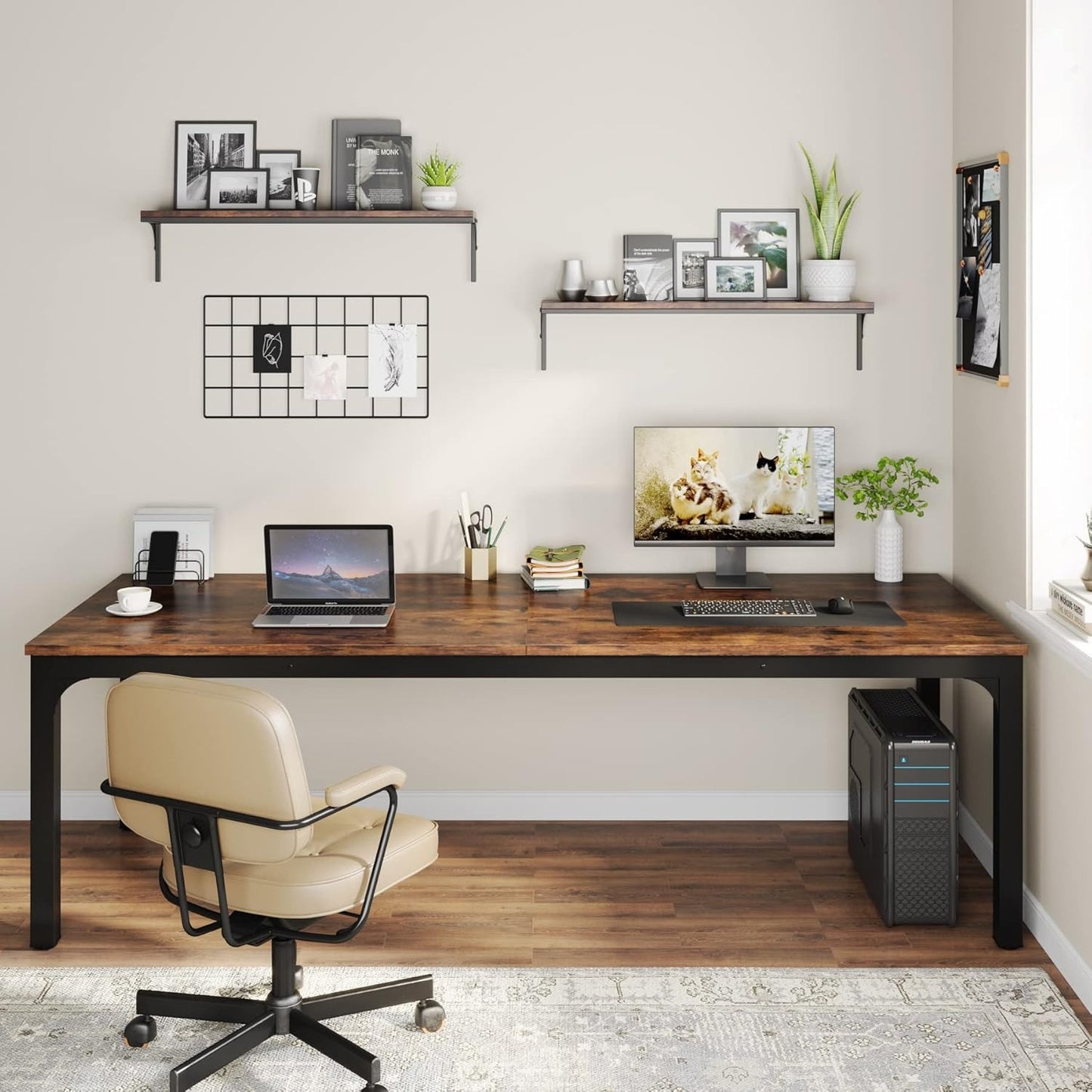 Bureau – Bureautafel – Werktafel – Computertafel – Tweepersoonsbureau – Extra Lang 200 cm – Houtlook Met Zwart Metalen Onderstel
