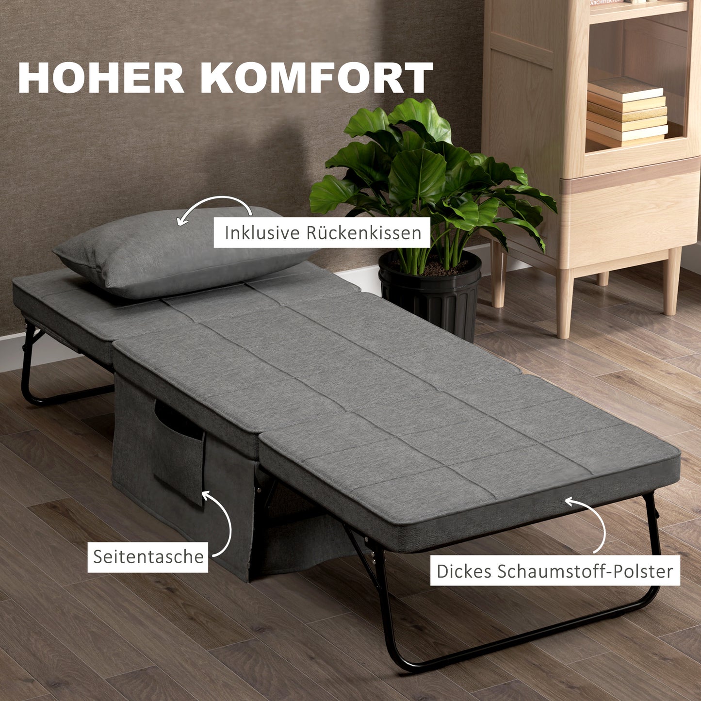 4-in-1 Opvouwbaar Bed – Guestbed – Opklapbed – Verstelbaar Bed – Extra Slaapplek – Met Matras – Met Zijvakjes – Stabiel Metaalframe – Grijs – 188x75x38 cm