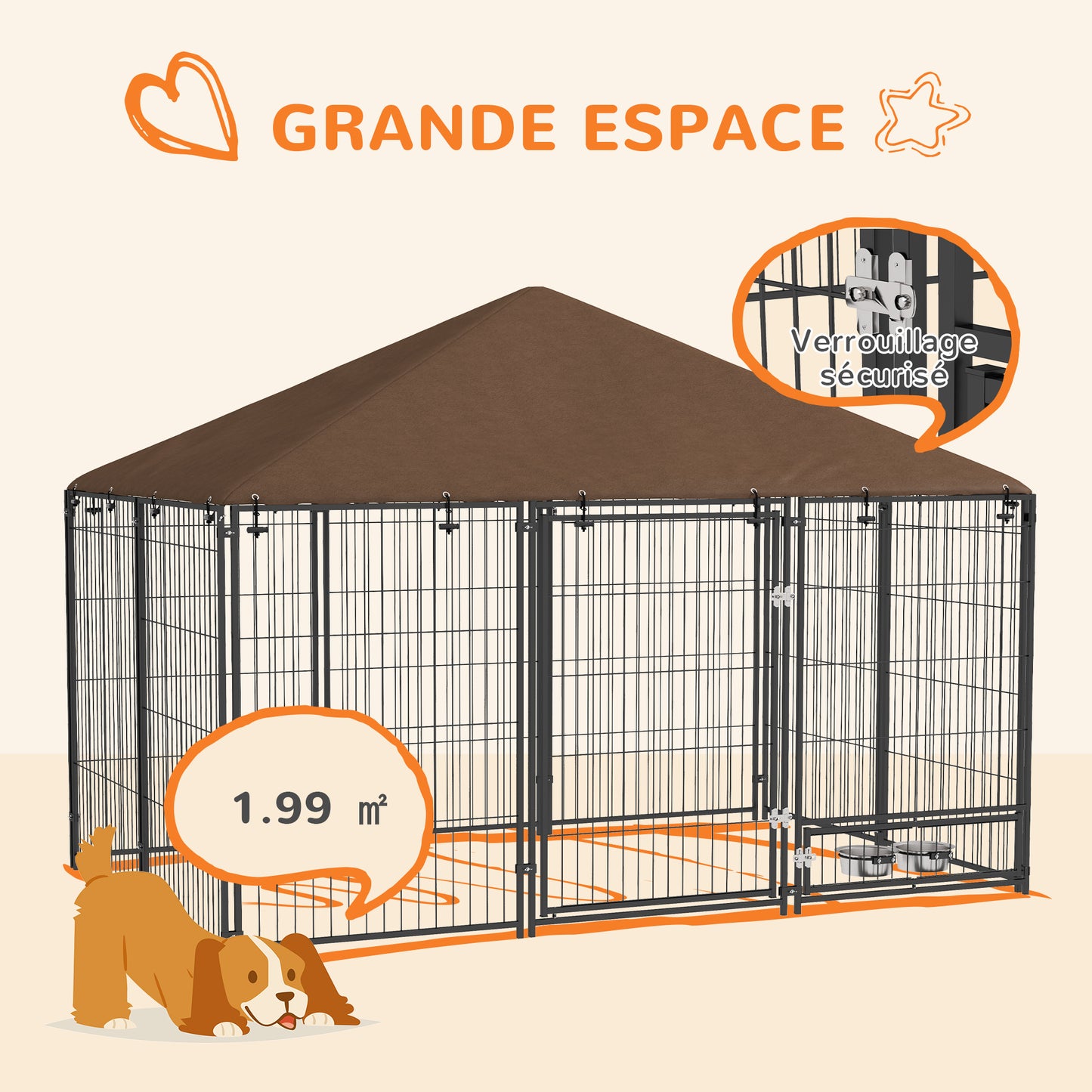 Hondenkennel – Hondenhok – Hondenren – Buitenkennel – Hondenverblijf – Stevig Stalen Frame – Weerbestendig Oxford Dak – Voederdeur Met Bakjes – Ruim 211x141x151 cm – Chestnut